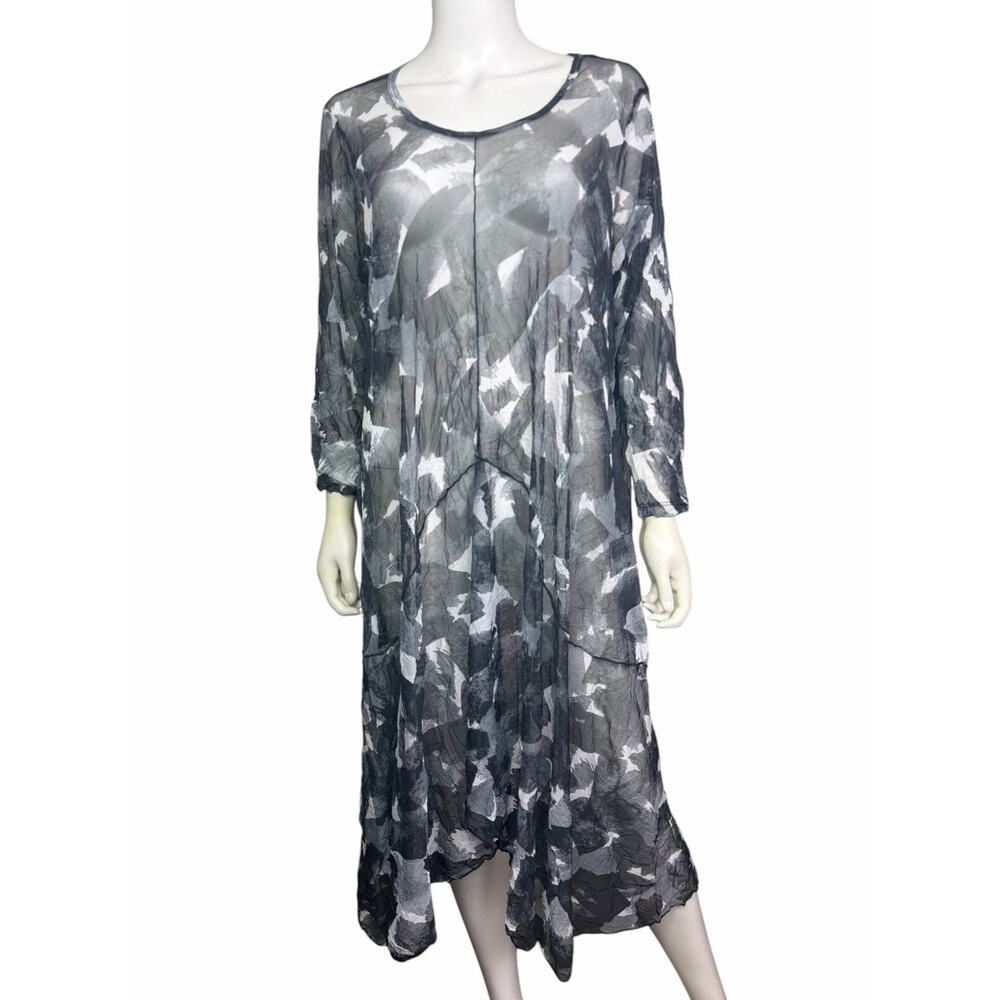 Comfy USA Women's XL Black White Abstract Sheer Mesh Pullover Midi Dress EUC